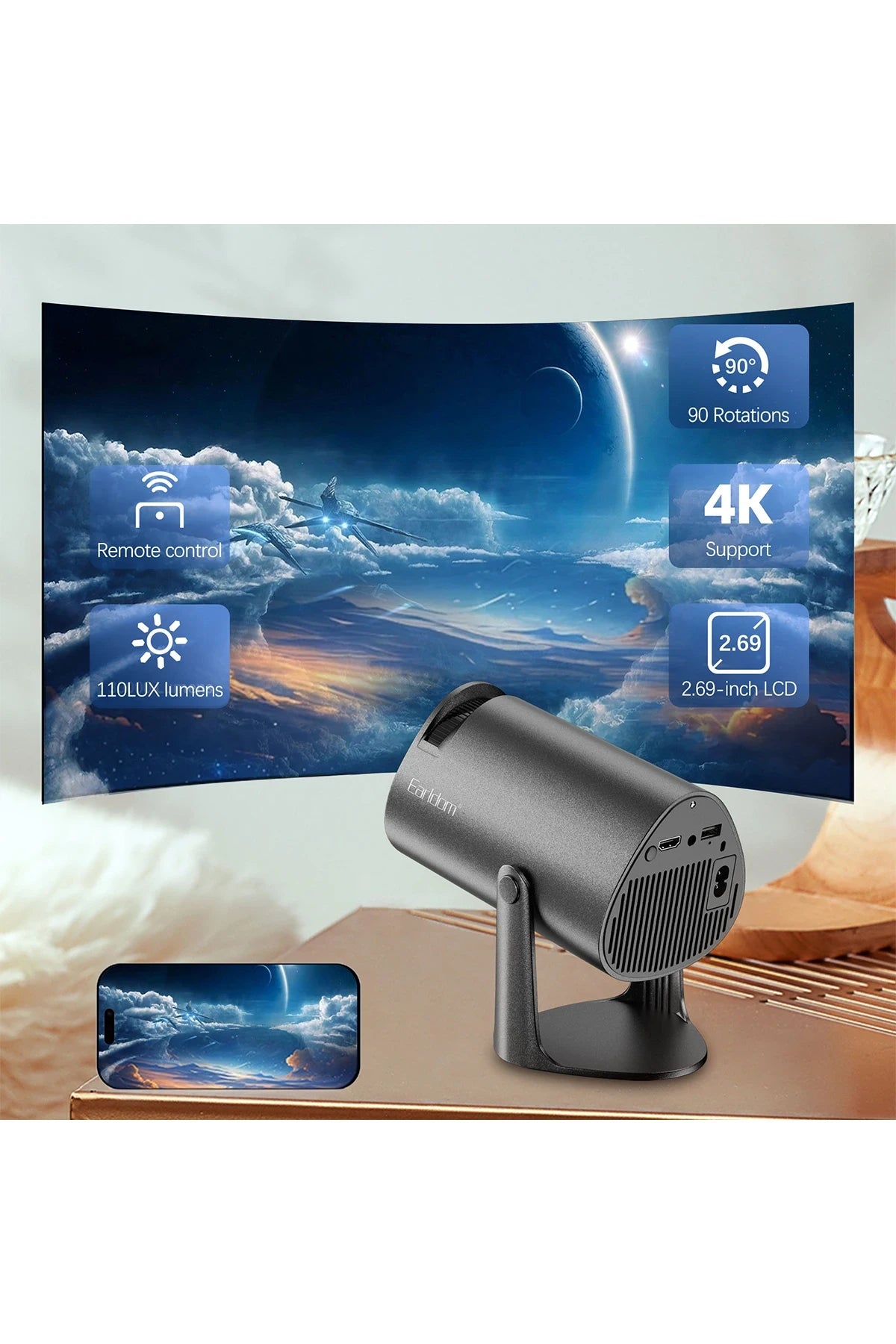 PJ04 – 4K Destekli Android Projeksiyon, Çift Bant Wi-Fi & Otomatik