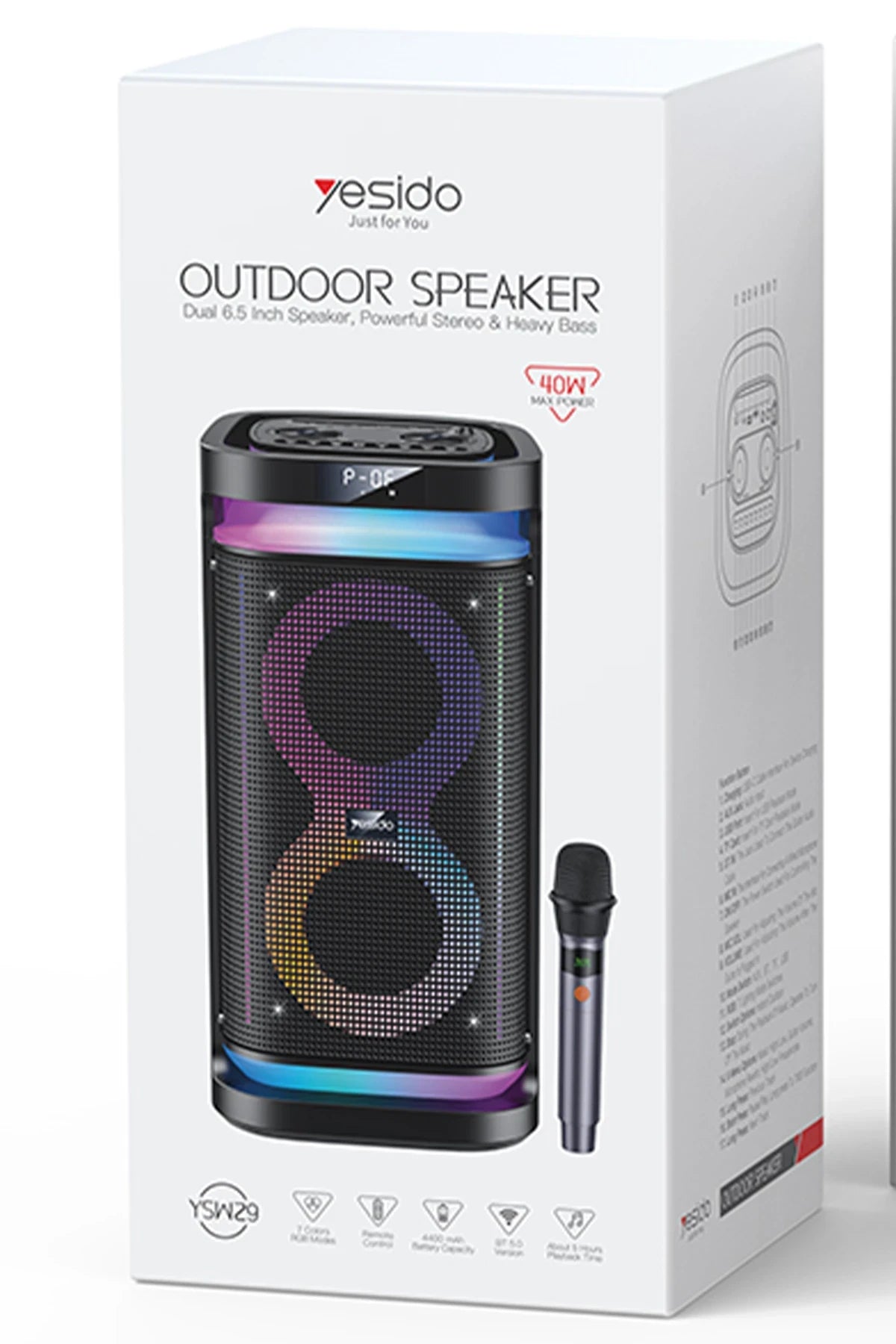 YSW29 – 40 W RGB Bluetooth Hoparlör | 4400 mAh Batarya & Karaoke Hazır