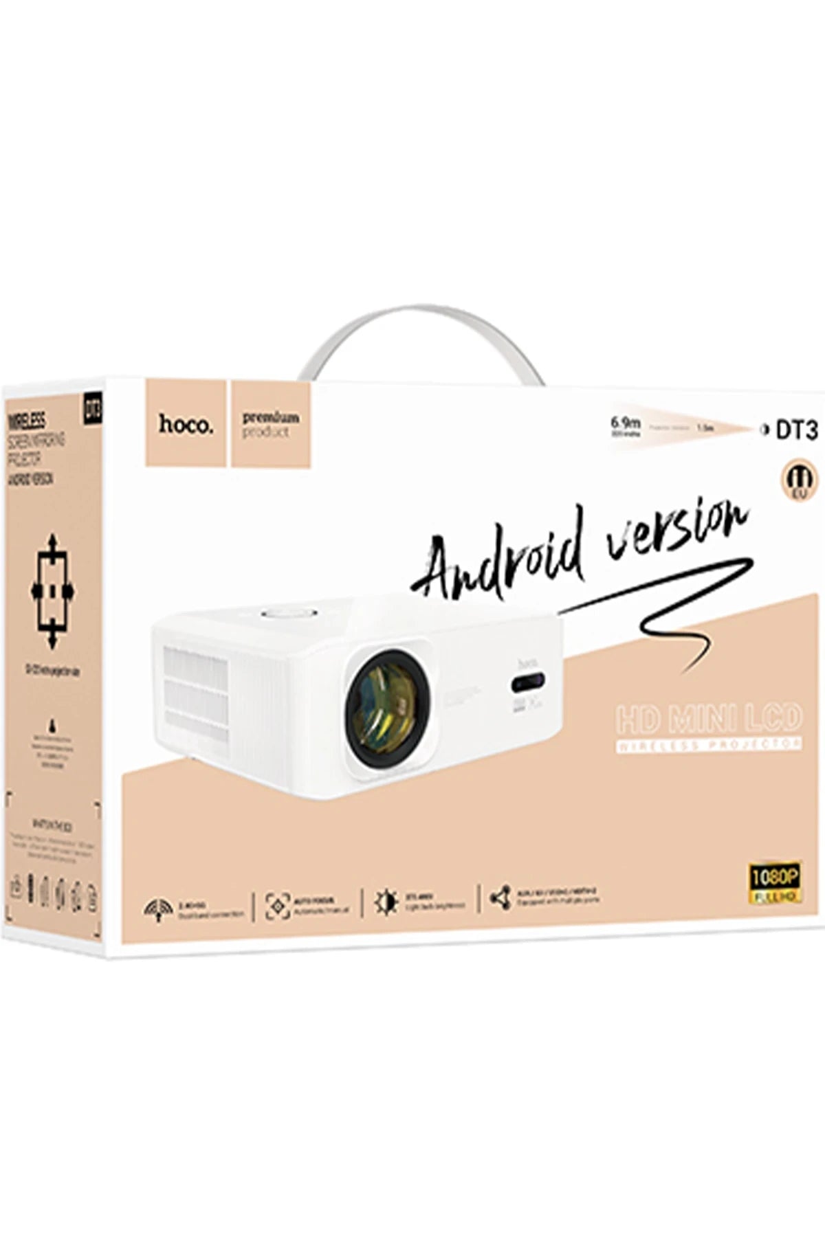 DT3 Smart Wi-Fi Projeksiyon – 1080p Full HD, Otomatik Odaklama & Android Medya Merkezi