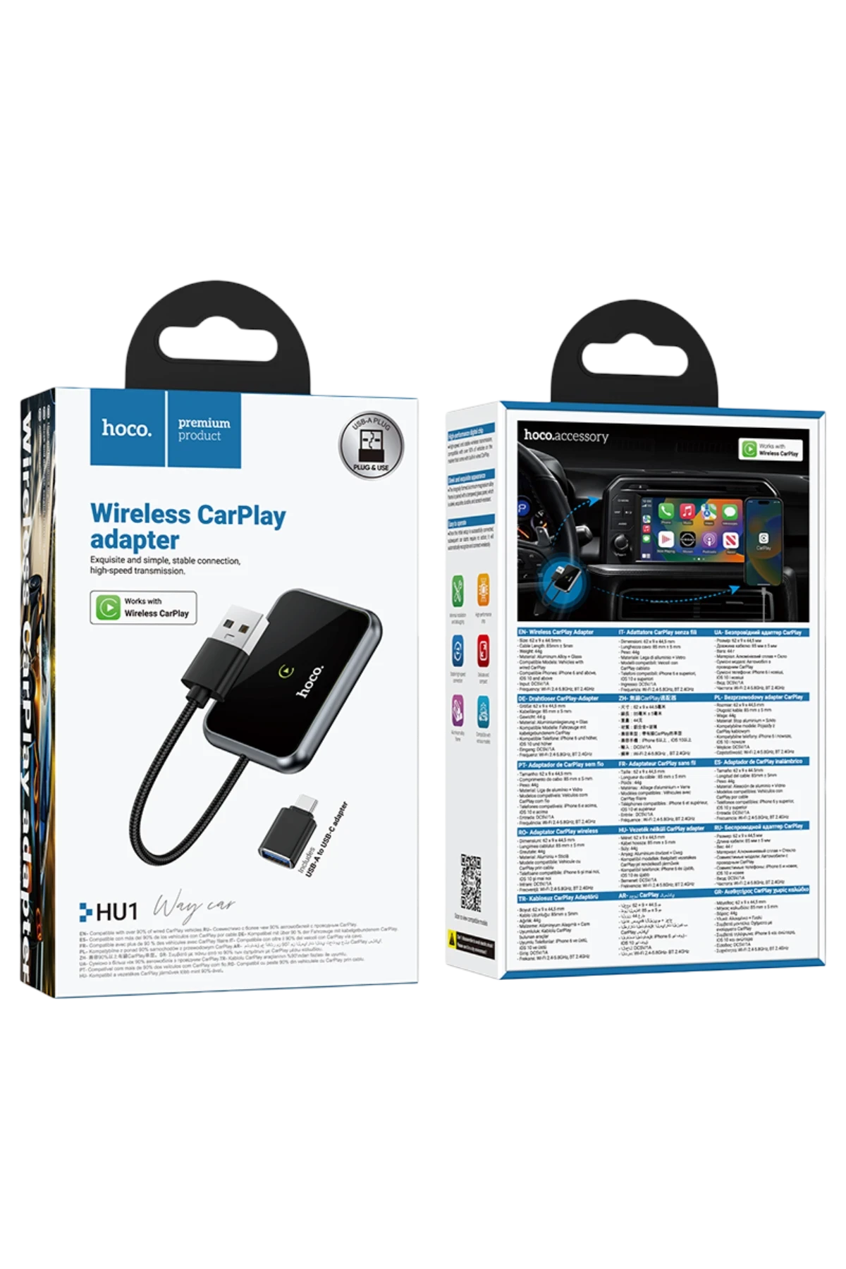 HU1 Way – USB-A ve USB-C Uyumlu Kablosuz CarPlay Adaptörü