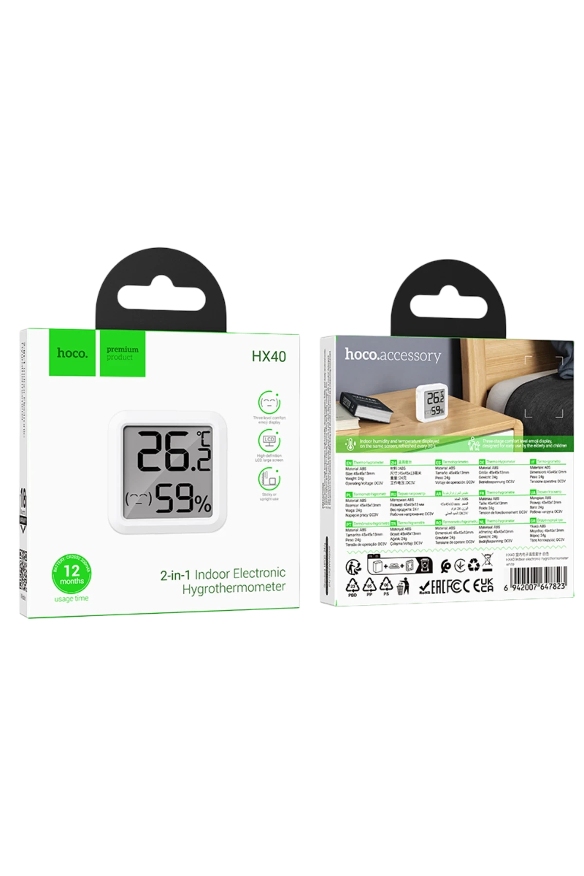HX40 – Kompakt Sıcaklık & Nem Ölçer (LCD, 200 mAh CR2032, 30 s Güncellemeli)