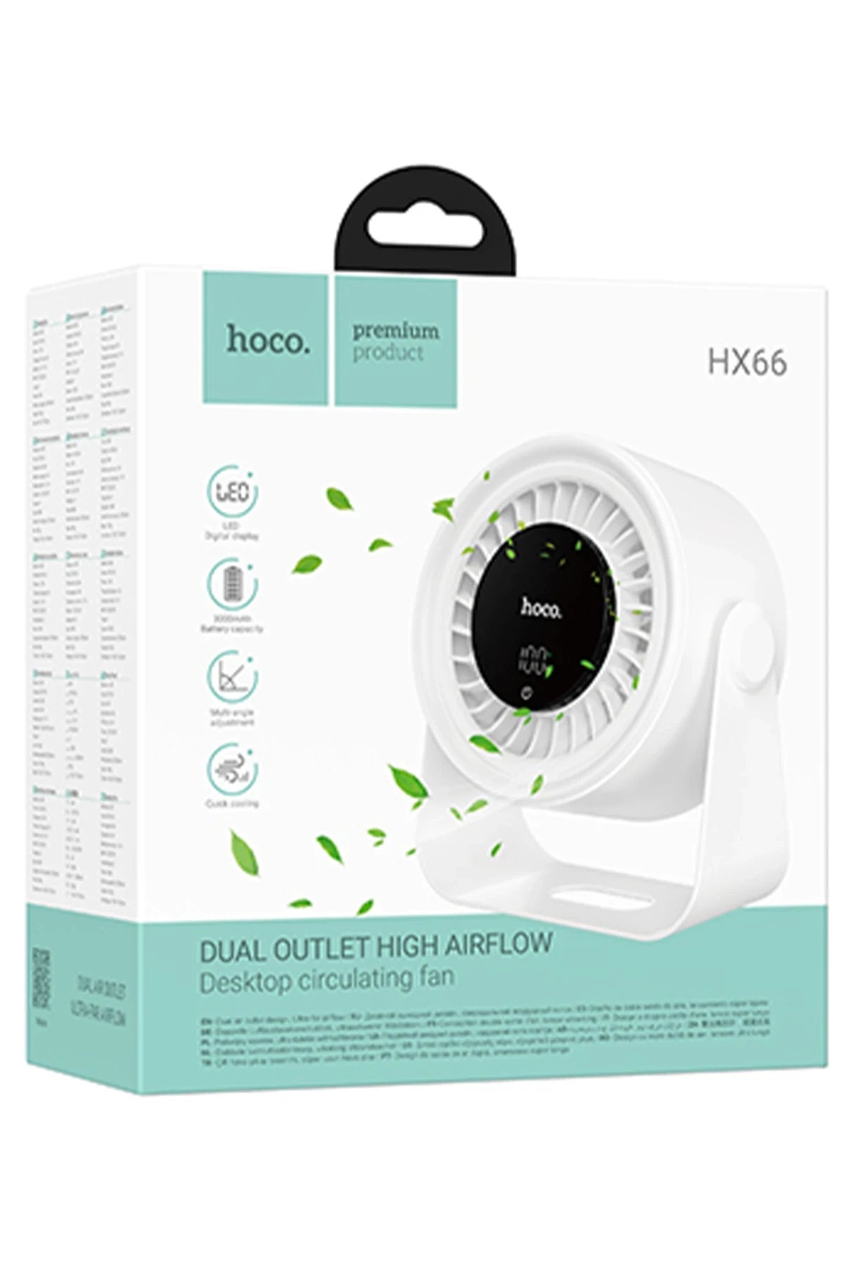 HX66 Çift Hava Çıkışlı Masaüstü Fan – Dijital Ekran, 3000 mAh Pil & 5 Kademeli Serinlik