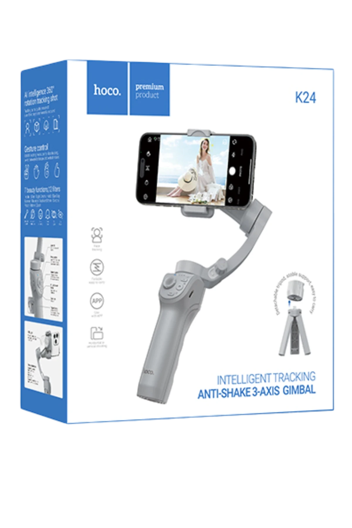 K24 – 3-Eksen 360° Yüz Takipli Akıllı Gimbal (10 Saat Pil, Tripod Modu)