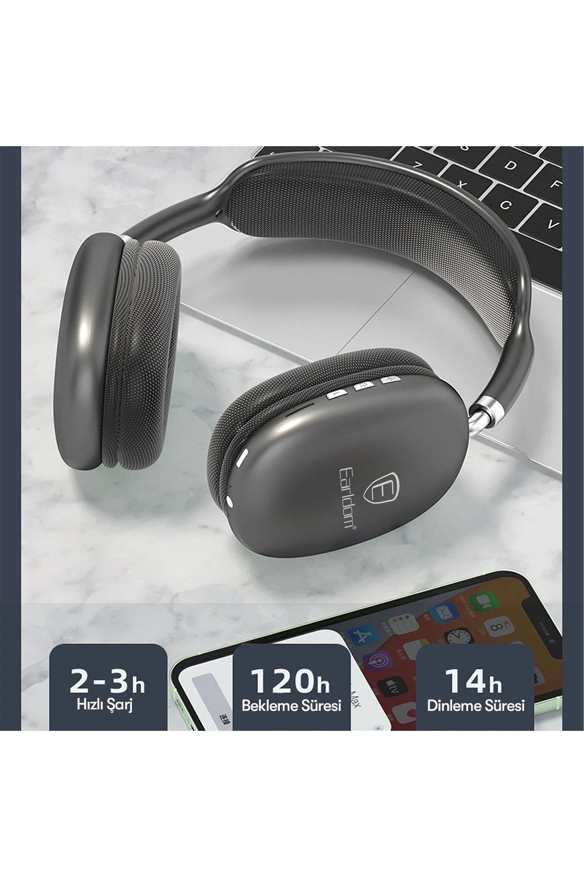 BH102 – Bluetooth 5.0 TWS Kafaüstü Kulaklık: Derin Bass, TF Kart ve 12 Saat Çalma