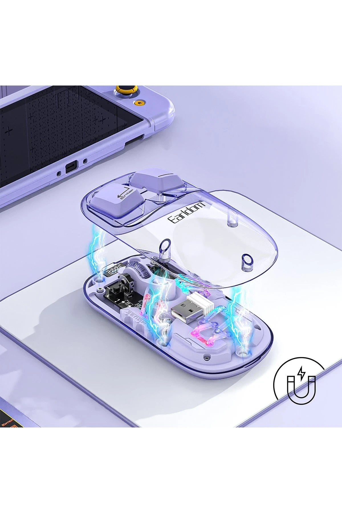 KM16 Transparan RGB Kablosuz Mouse – 1600 DPI, Şarjlı ve Sessiz