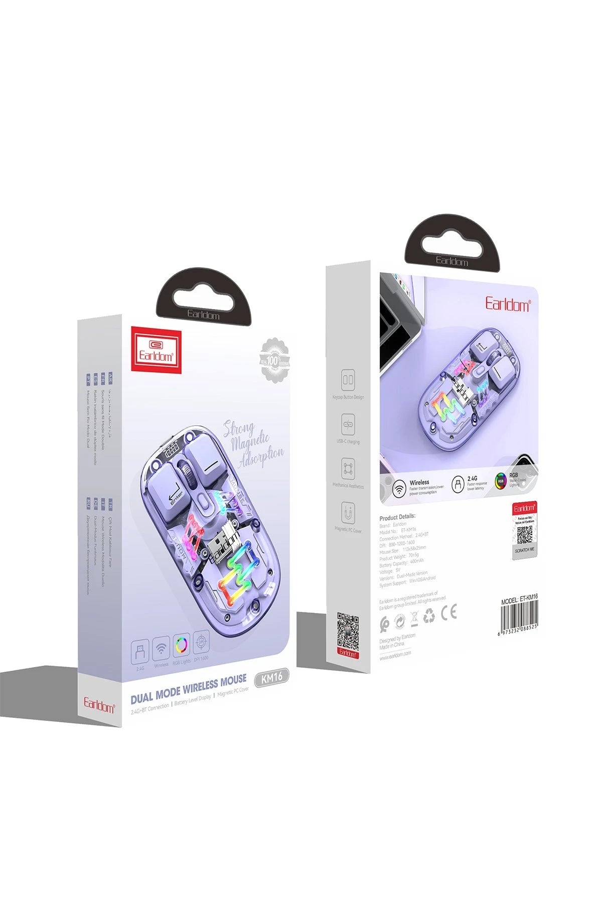 KM16 Transparan RGB Kablosuz Mouse – 1600 DPI, Şarjlı ve Sessiz
