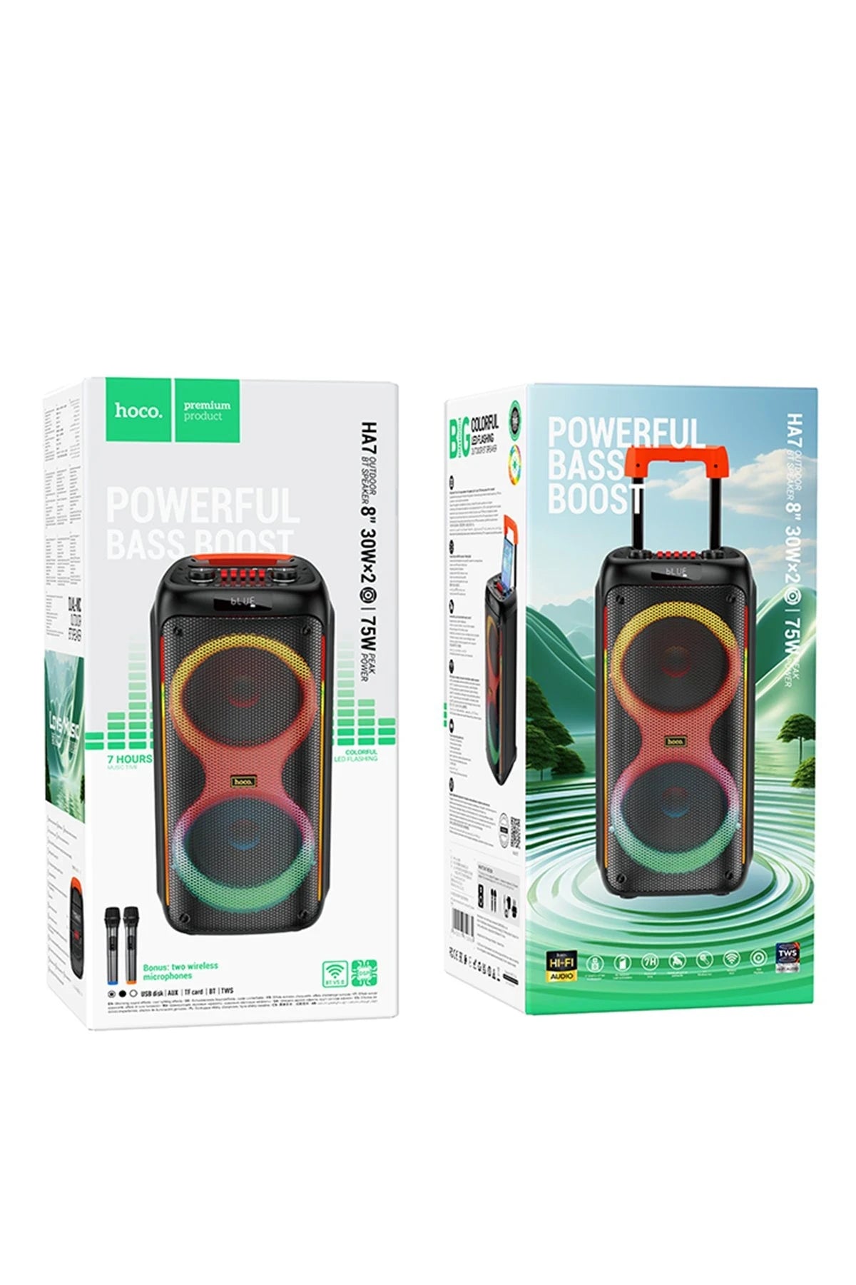 HA7 Leader – 75 W RGB Hoparlör | 2 Kablosuz Mikrofon, 7000 mAh Batarya & Tekerlekli Taşıma