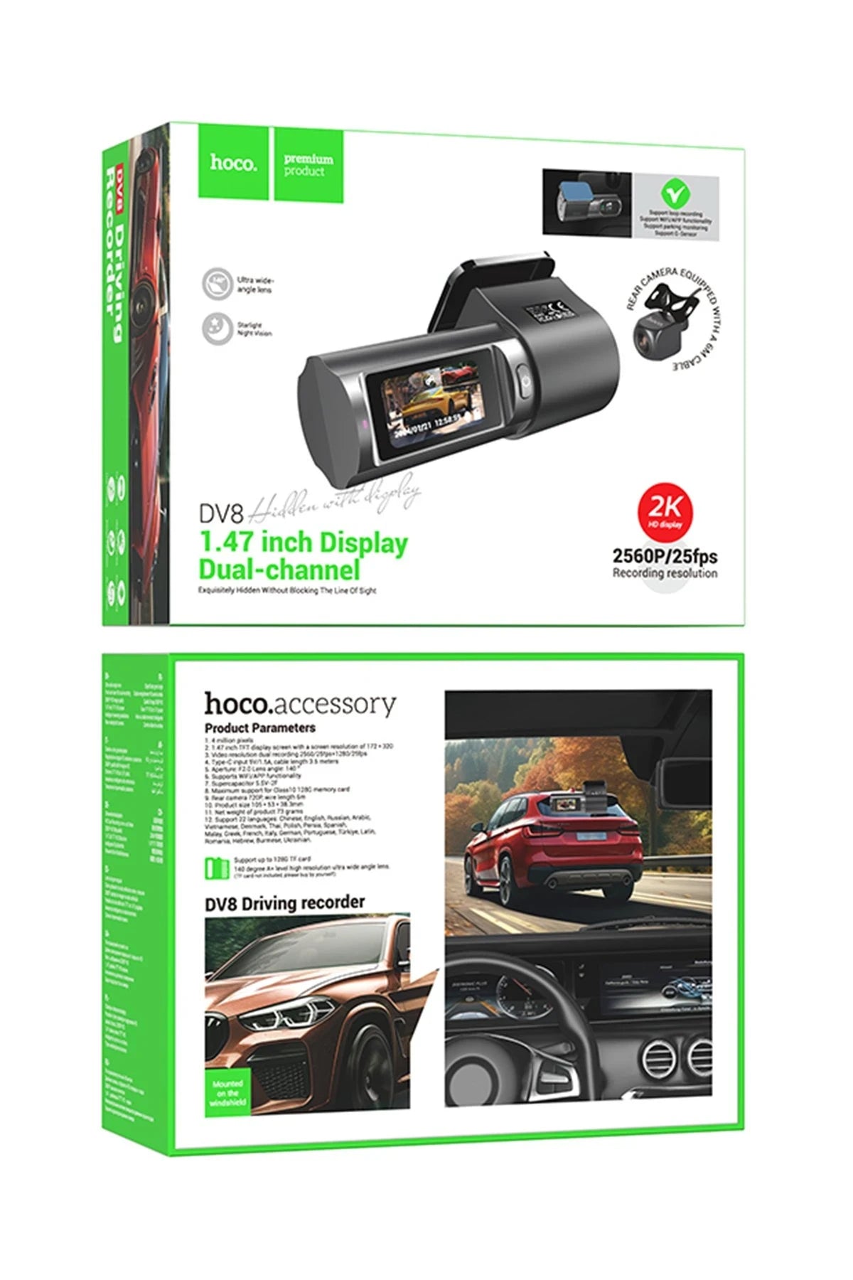 DV8 2K 1.47″ TFT Ekranlı Çift Kamera Dashcam – GP2178+SC4336, 140° Geniş Açı