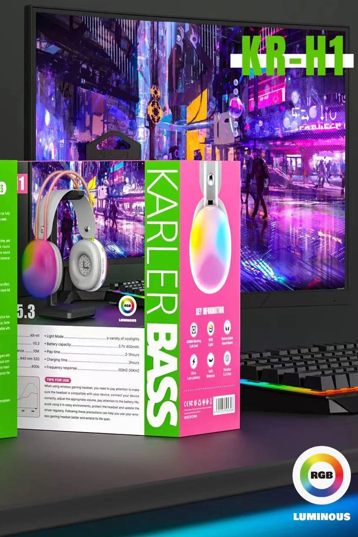KRH1 RGB – BT 5.3 Kablosuz Kafaüstü Kulaklık | 40 mm Sürücü ve RGB Aydınlatma