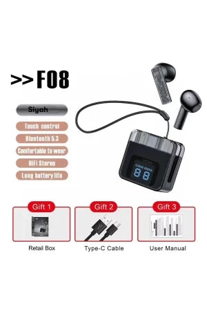 F08 – Dijital LED Ekranlı Şarj Kutusuyla TWS Bluetooth Kulaklık