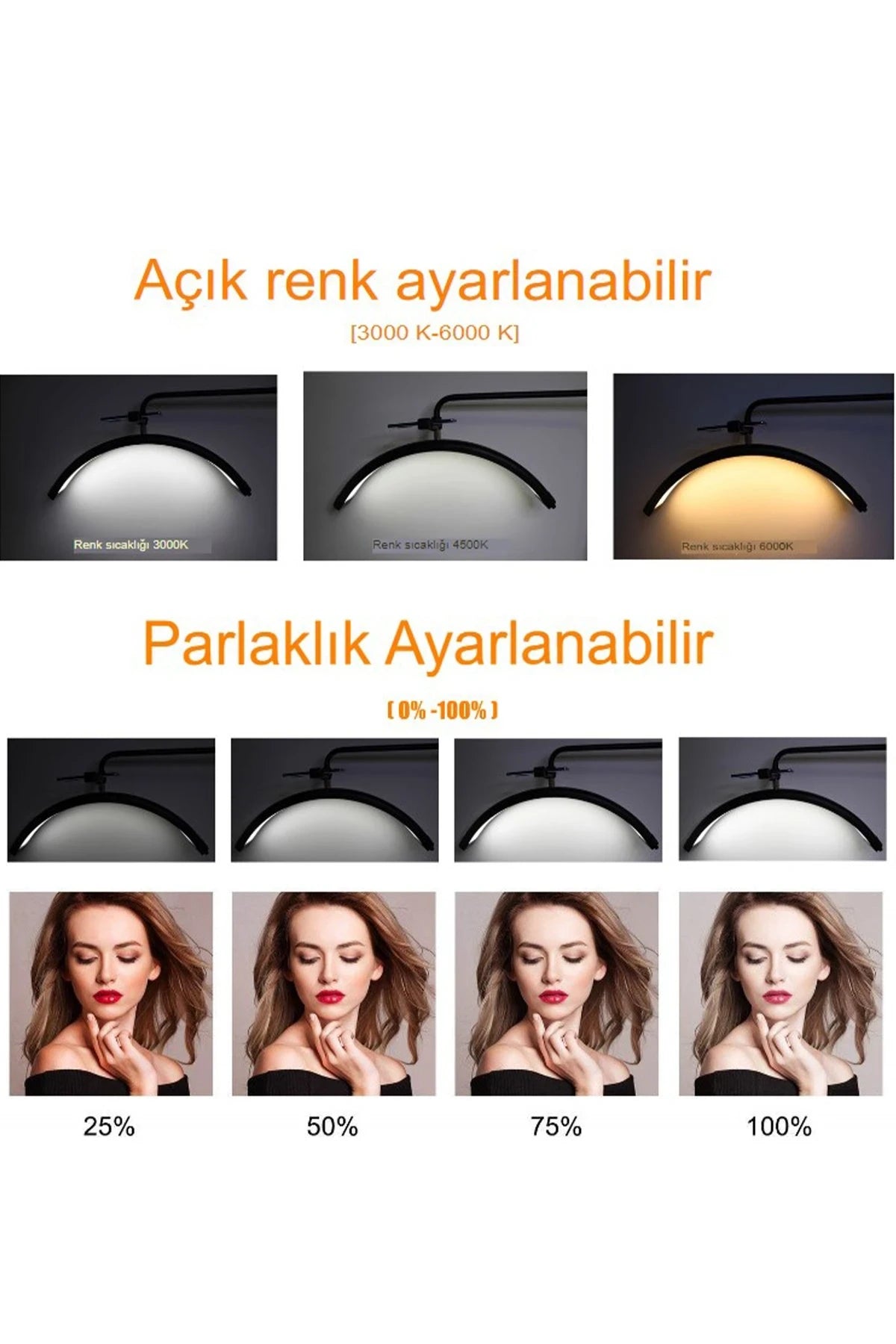 HD-M8X – 70 cm Yarım Ay LED Güzellik Işığı (50 W, 3200–6000 K, 3600 lm, 360° Döner)
