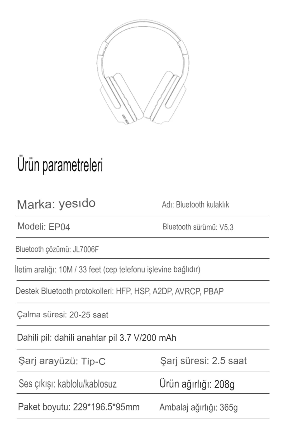 EP04 – Bluetooth 5.3, Katlanabilir Over-Ear Kulaklık | Type-C Şarj | 20 Saat Oynatma