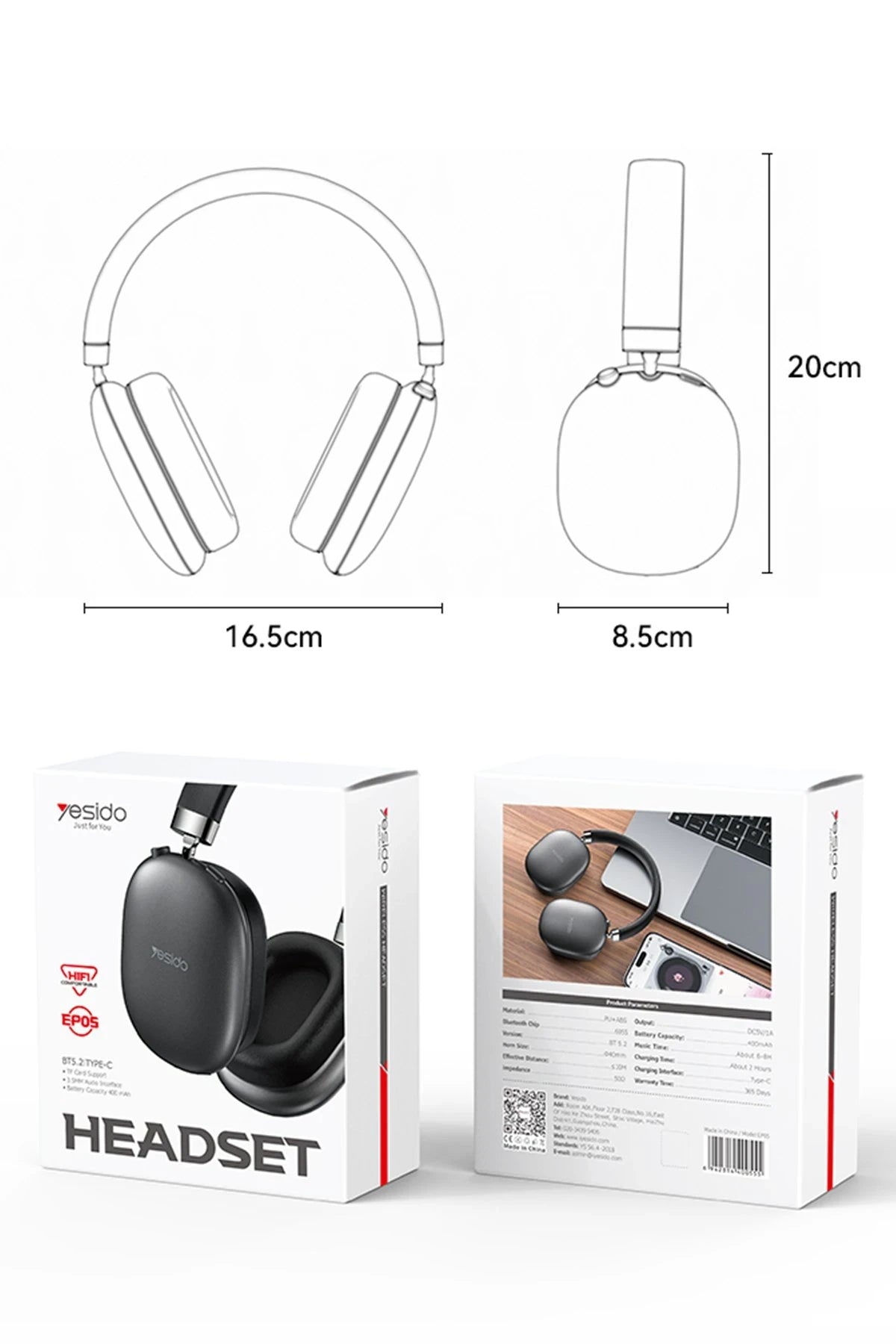 EP05 – Bluetooth 5.2 Foldable Over-Ear Kulaklık | 40 mm Driver, Çoklu Mod